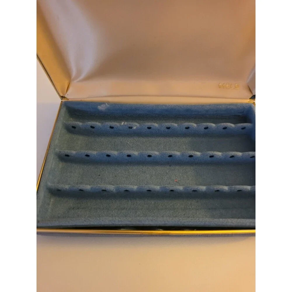 Vtg MELE Blue Travel Jewelry Box Case Lined Hard Shell Clamshell Earring Holder